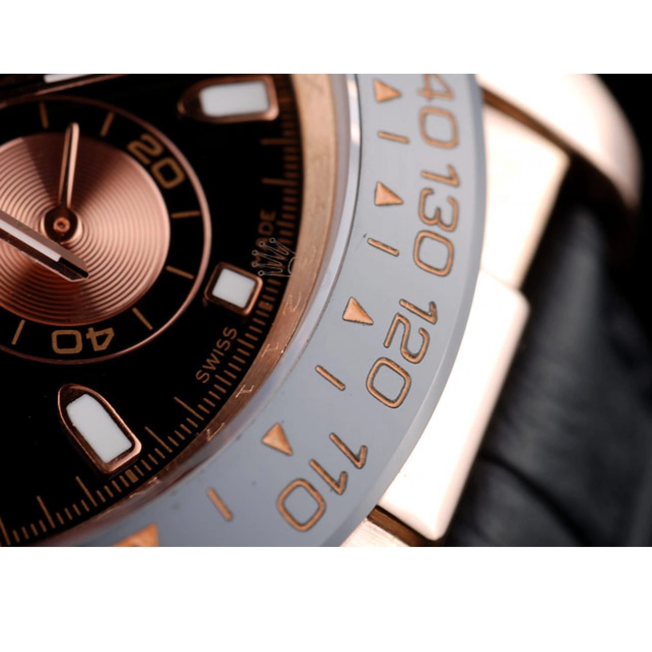Aaa replica Gold Rose Rolex Black Leather Black Case Daytona Dial Strap 0706